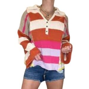 BiBi Women's M Striped Colorblock Knit Henley Sweater Pullover Boho